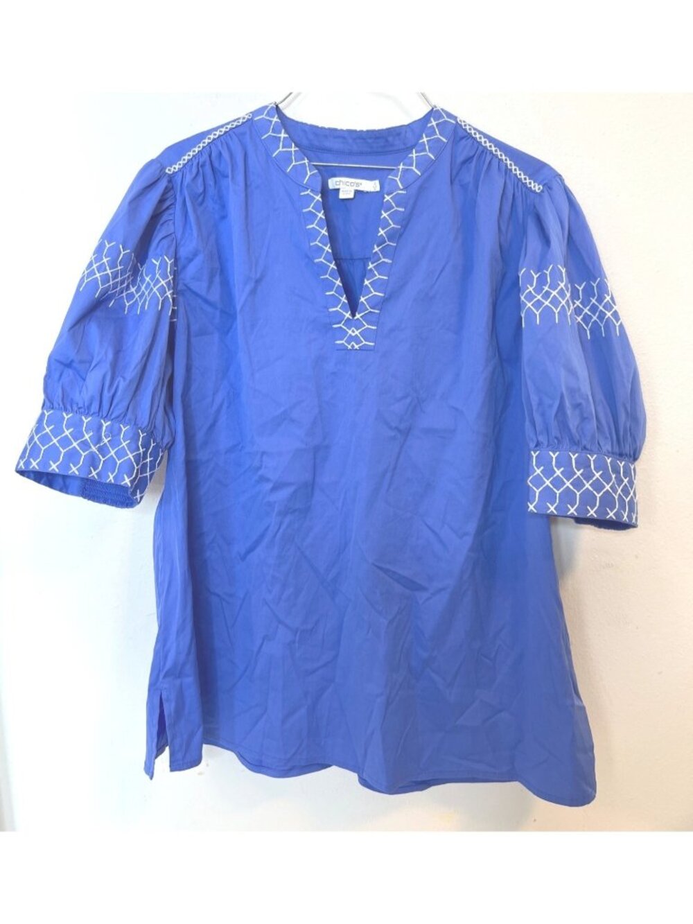 Chico's Blue Embroidered Puff Sleeve Top Size 12 beach coastal Resort Vacation